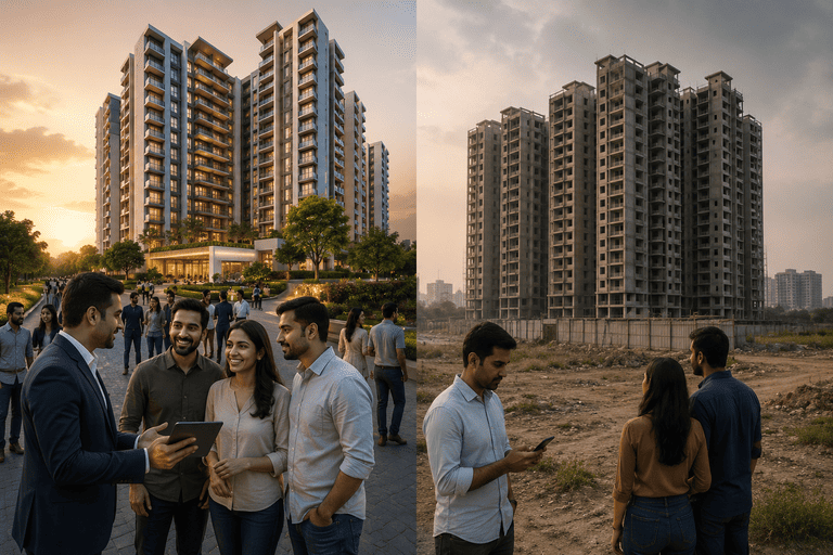 Modern residential apartment towers under a clear sky in Hyderabad, representing the city's growing real estate market
