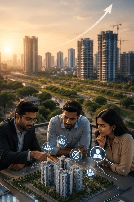 Real estate consultant reviewing project plans and market data for a Hyderabad development